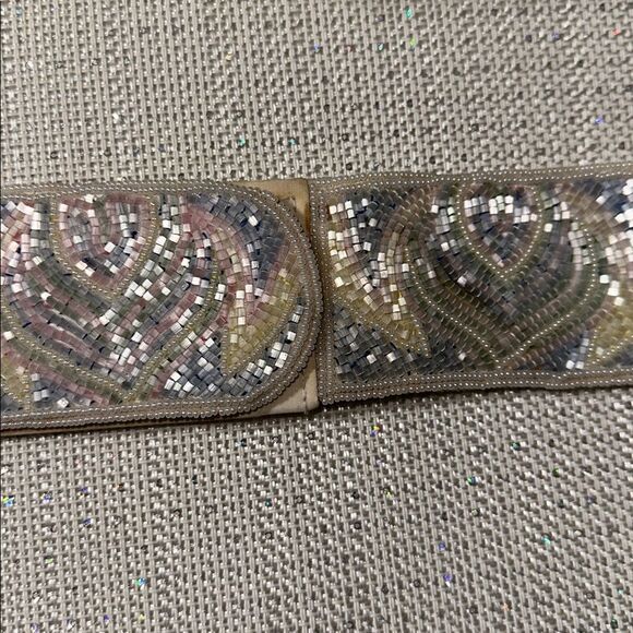 Vintage S Ivory Pink Green Yellow Blue Beaded Pastel Colored Wide Velcro Belt main image 13